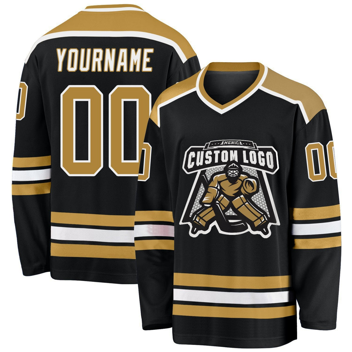 Custom Black Old Gold-White Hockey Jersey photo 1