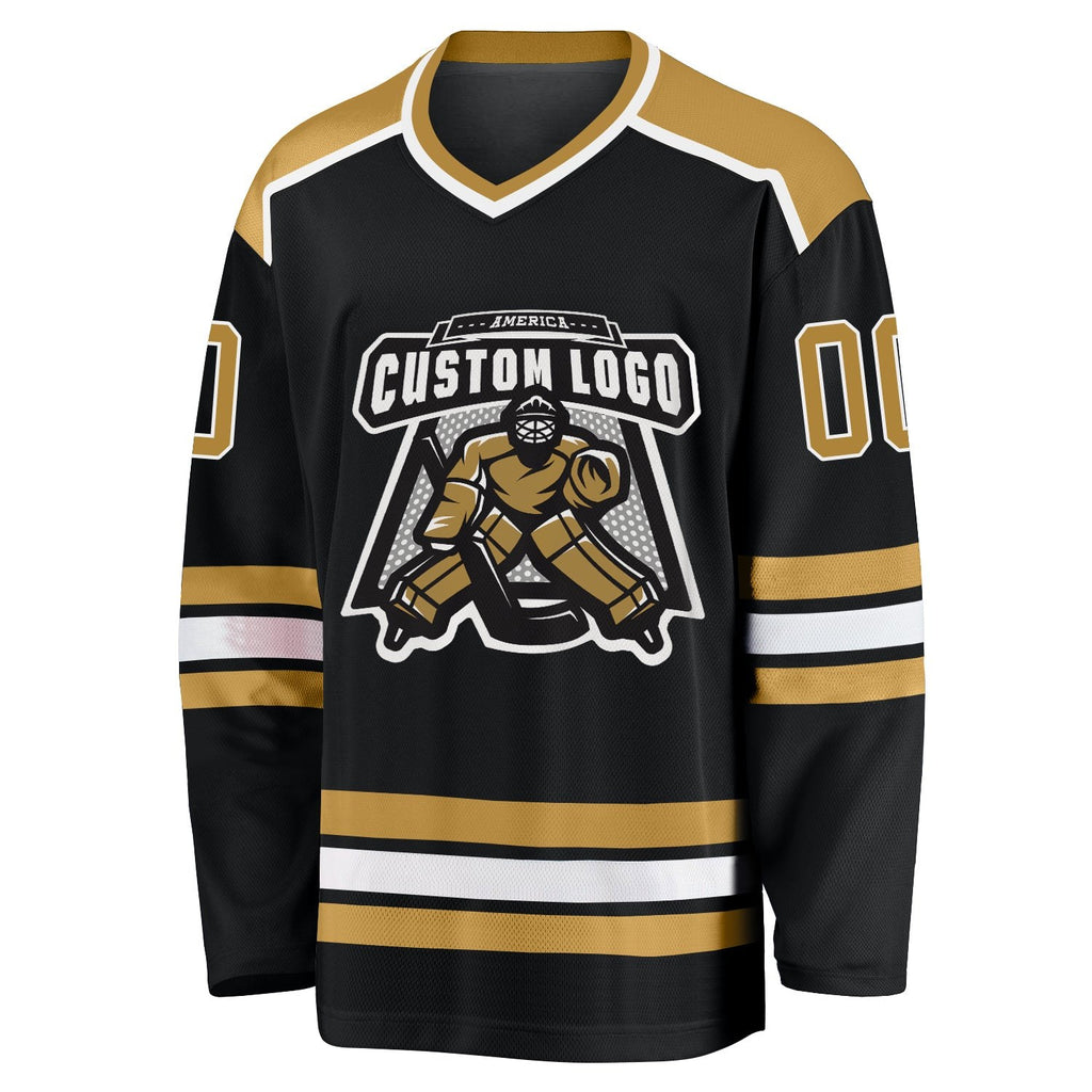 Custom Black Old Gold-White Hockey Jersey photo 2