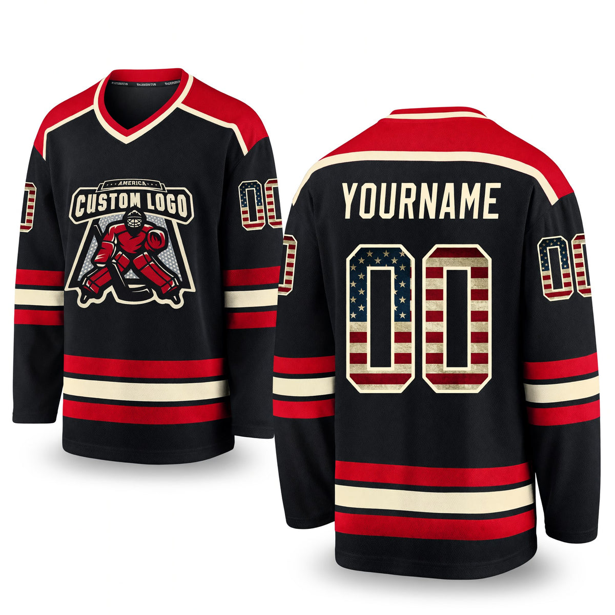 Custom Black Vintage USA Flag Cream-Red Hockey Jersey