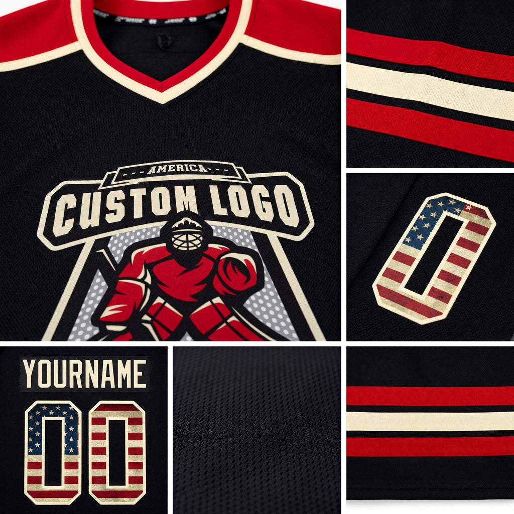 Custom Black Vintage USA Flag Cream-Red Hockey Jersey detail
