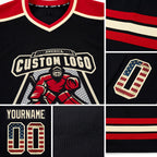 Custom Black Vintage USA Flag Cream-Red Hockey Jersey detail