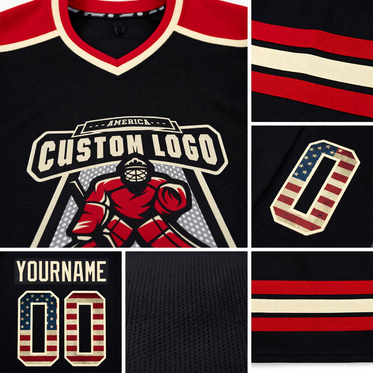 Custom Black Vintage USA Flag Cream-Red Hockey Jersey detail