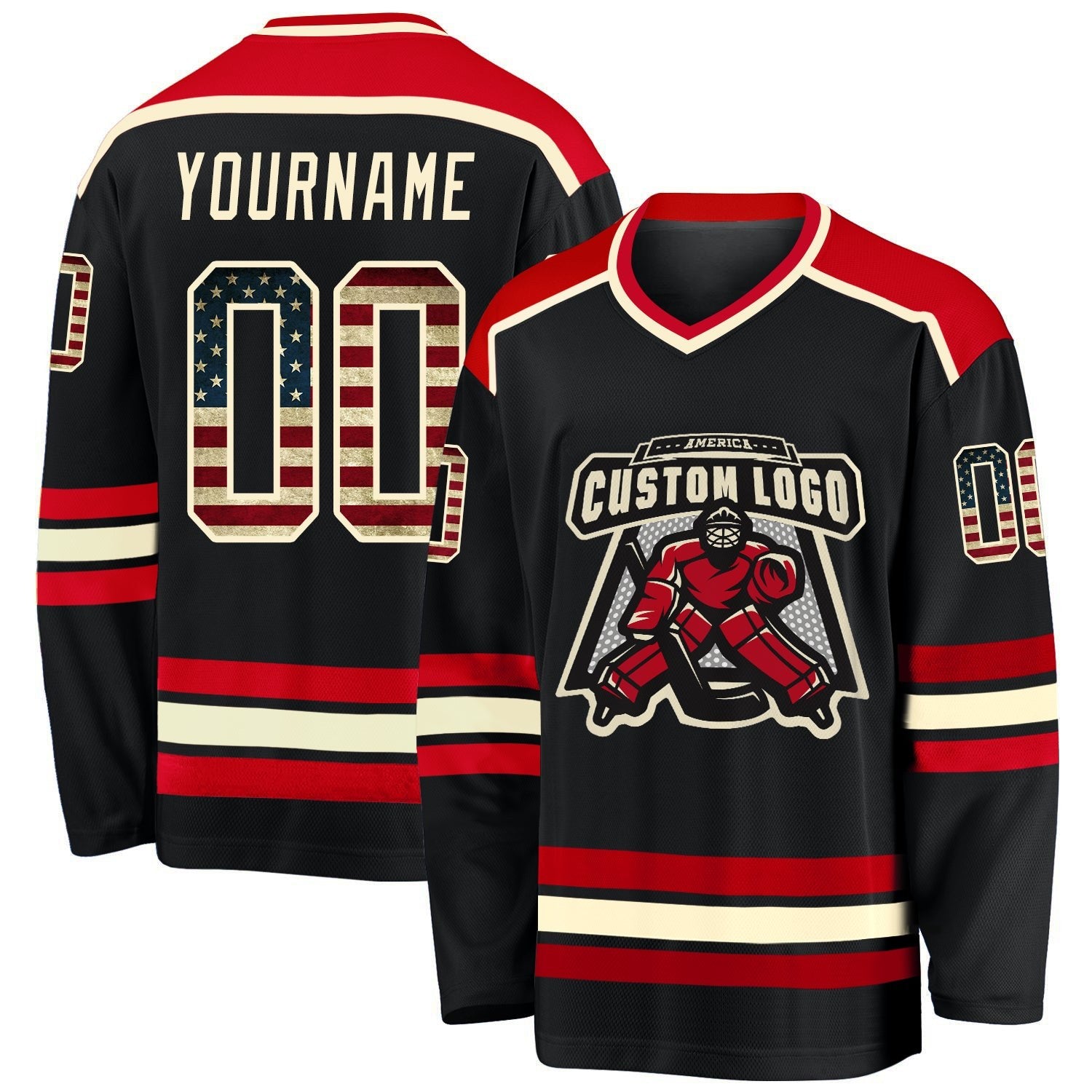Custom Black Vintage USA Flag Cream-Red Hockey Jersey photo 1