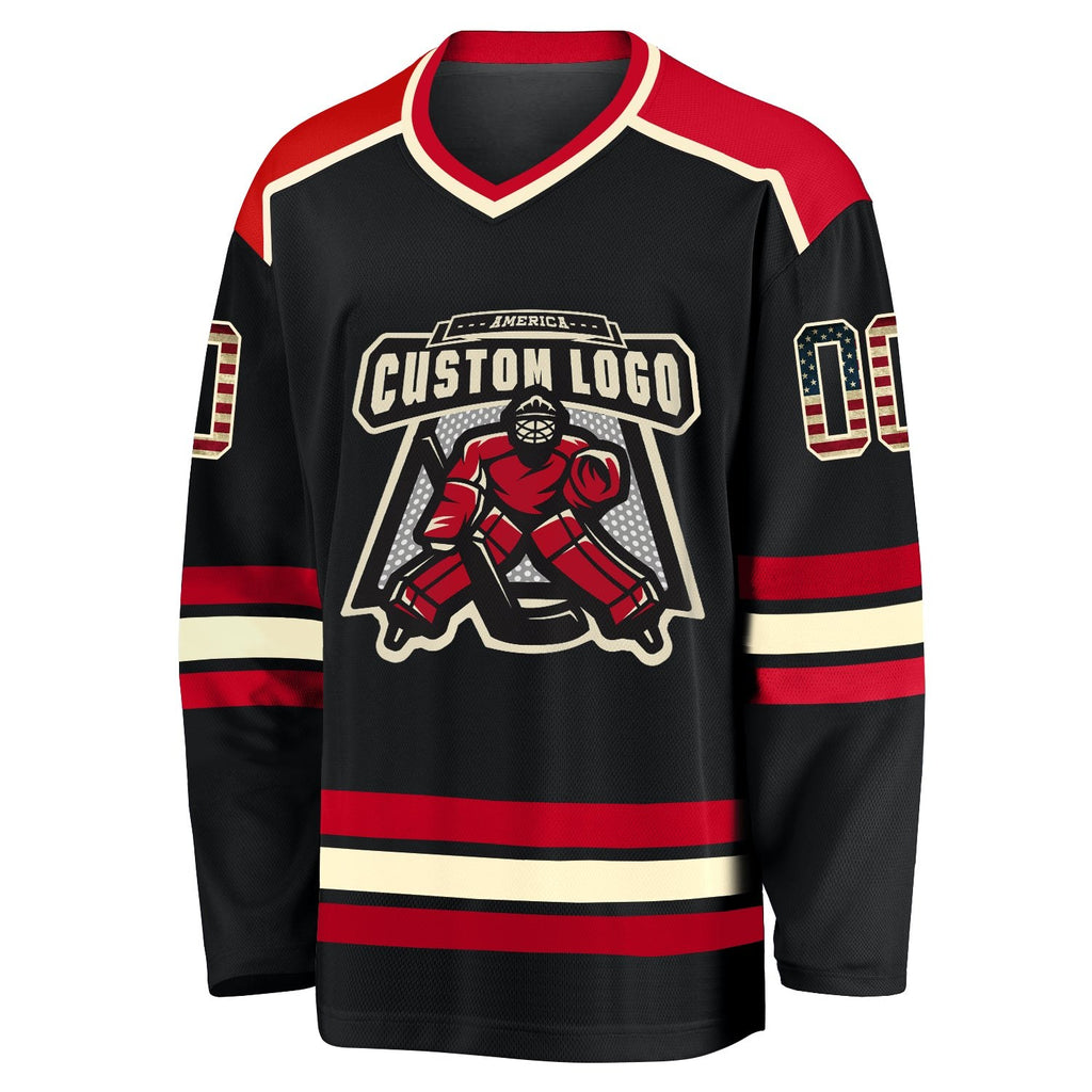 Custom Black Vintage USA Flag Cream-Red Hockey Jersey photo 2