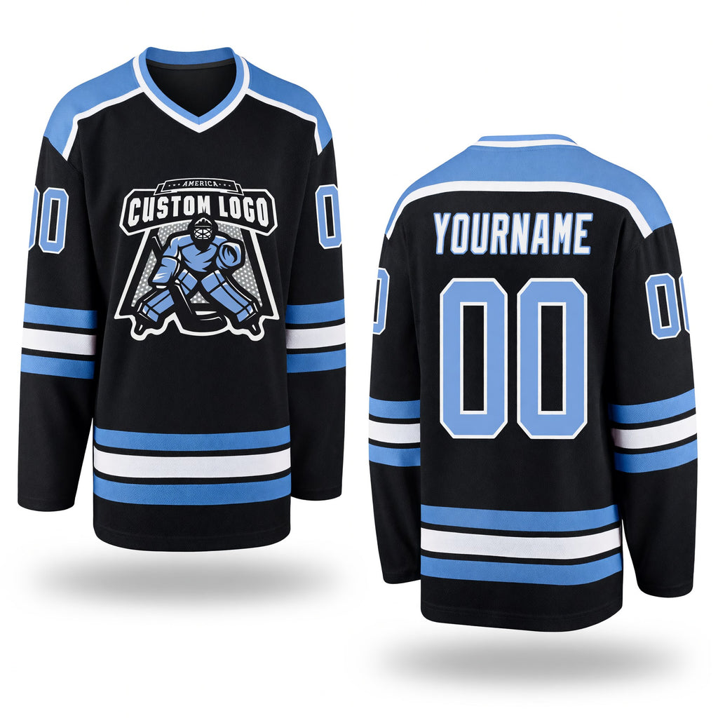 Custom Black Light Blue-White Hockey Jersey