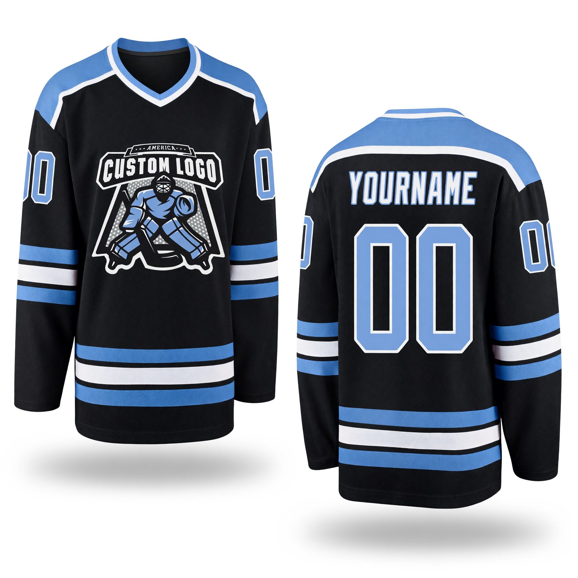 Custom Black Light Blue-White Hockey Jersey