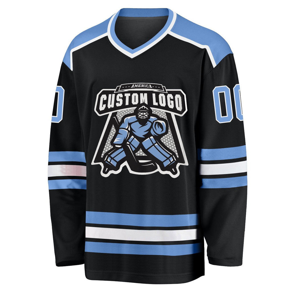 Custom Black Light Blue-White Hockey Jersey photo 2