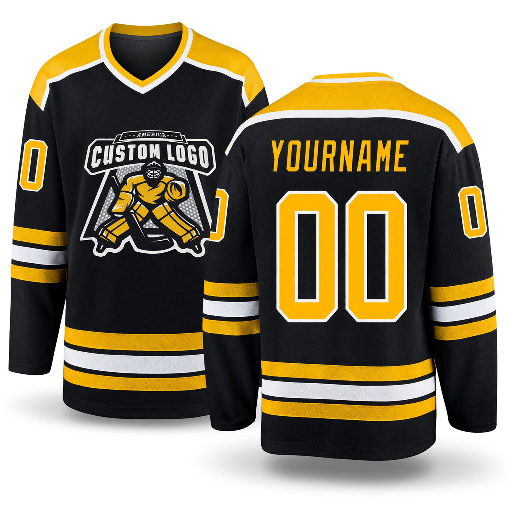 Custom Black Gold-White Hockey Jersey