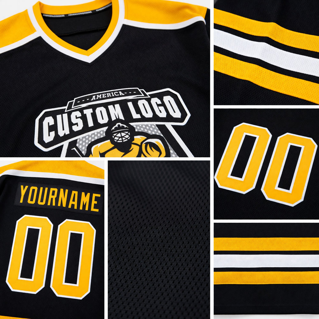 Custom Black Gold-White Hockey Jersey detail