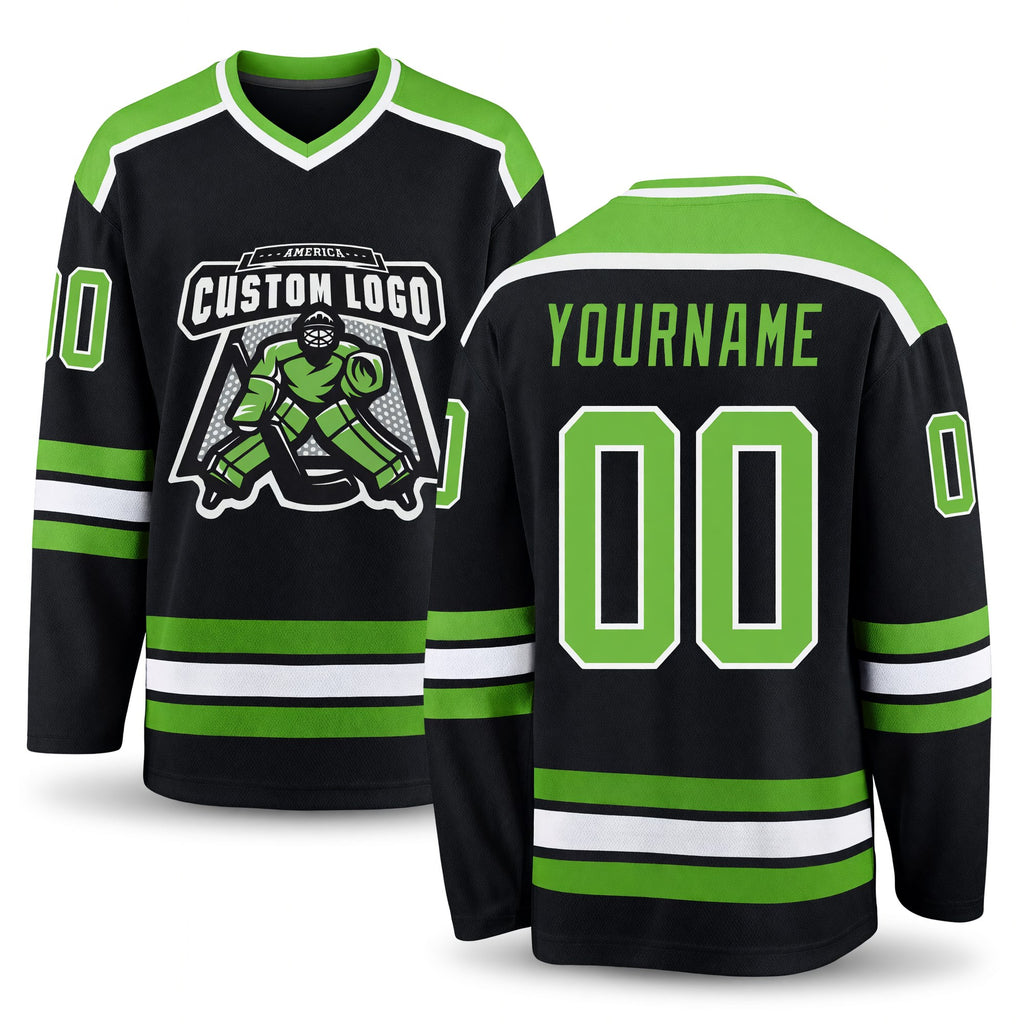 Custom Black Neon Green-White Hockey Jersey