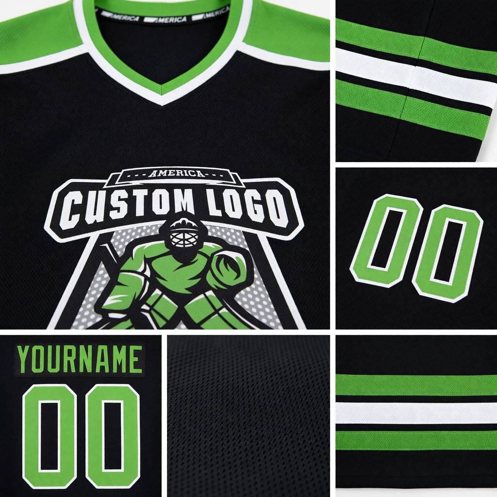 Custom Black Neon Green-White Hockey Jersey detail