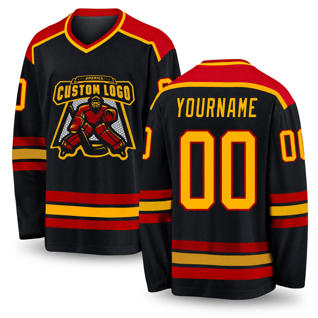 Custom Black Gold-Red Hockey Jersey