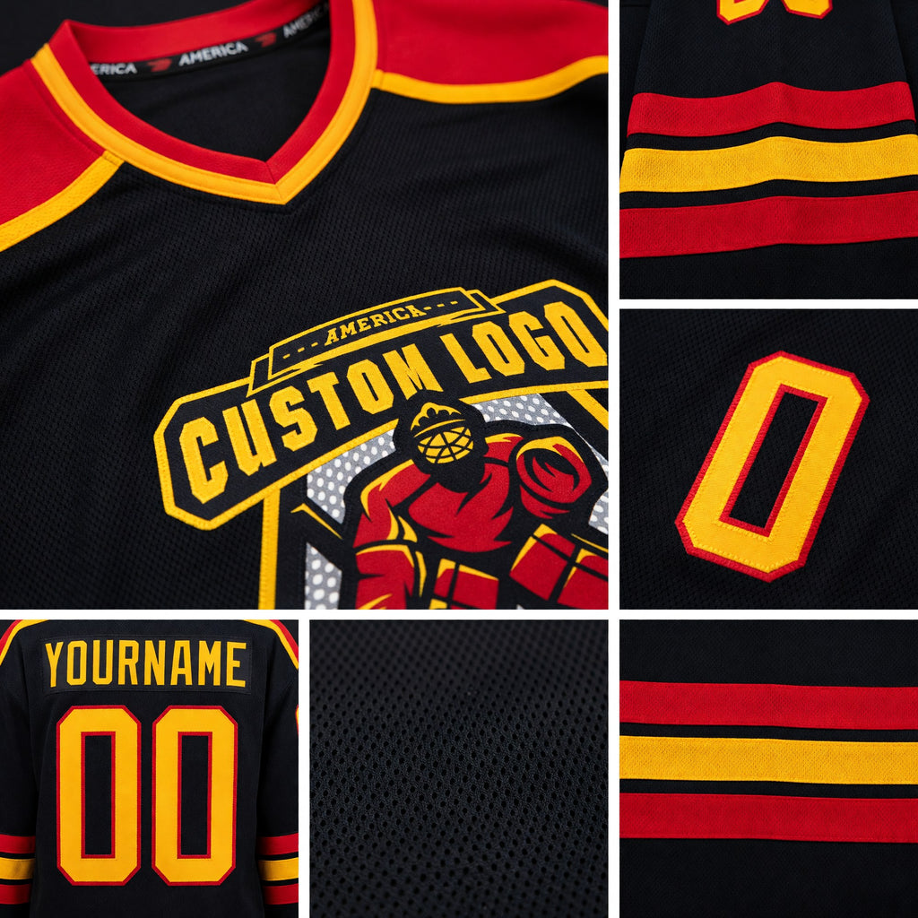Custom Black Gold-Red Hockey Jersey detail