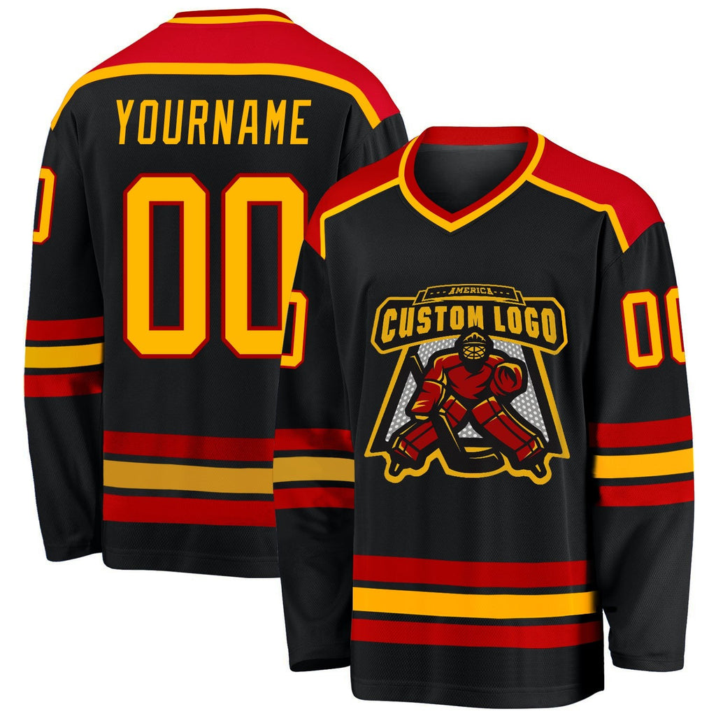 Custom Black Gold-Red Hockey Jersey photo 1