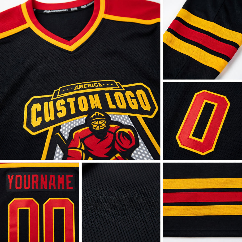Custom Black Red-Gold Hockey Jersey detail