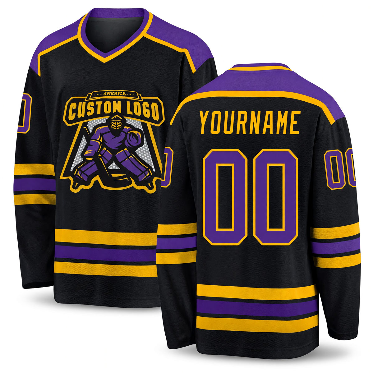 Custom Black Purple-Gold Hockey Jersey