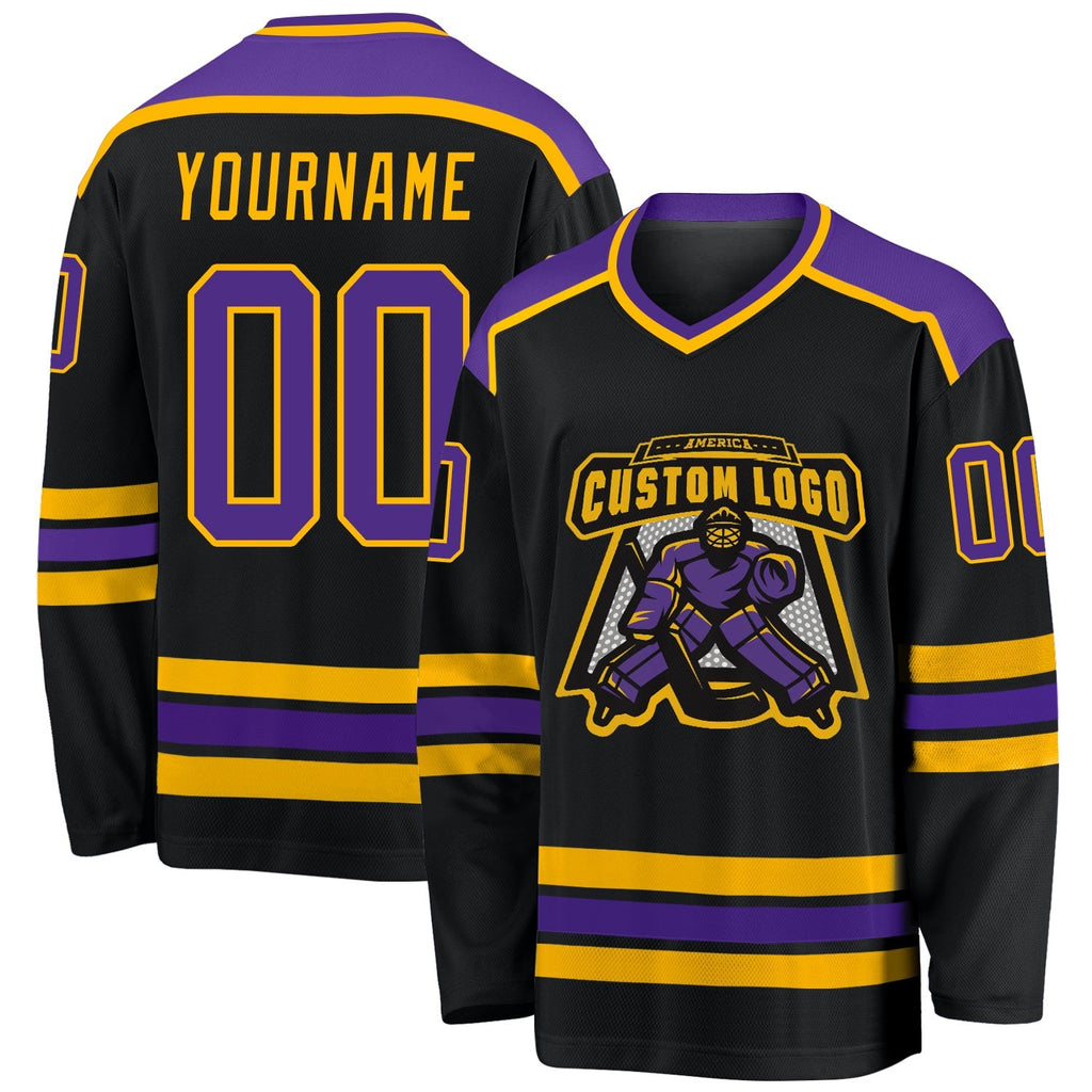 Custom Black Purple-Gold Hockey Jersey photo 1