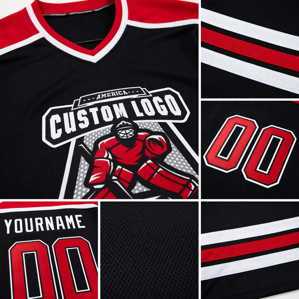 Custom Black Red-White Hockey Jersey detail