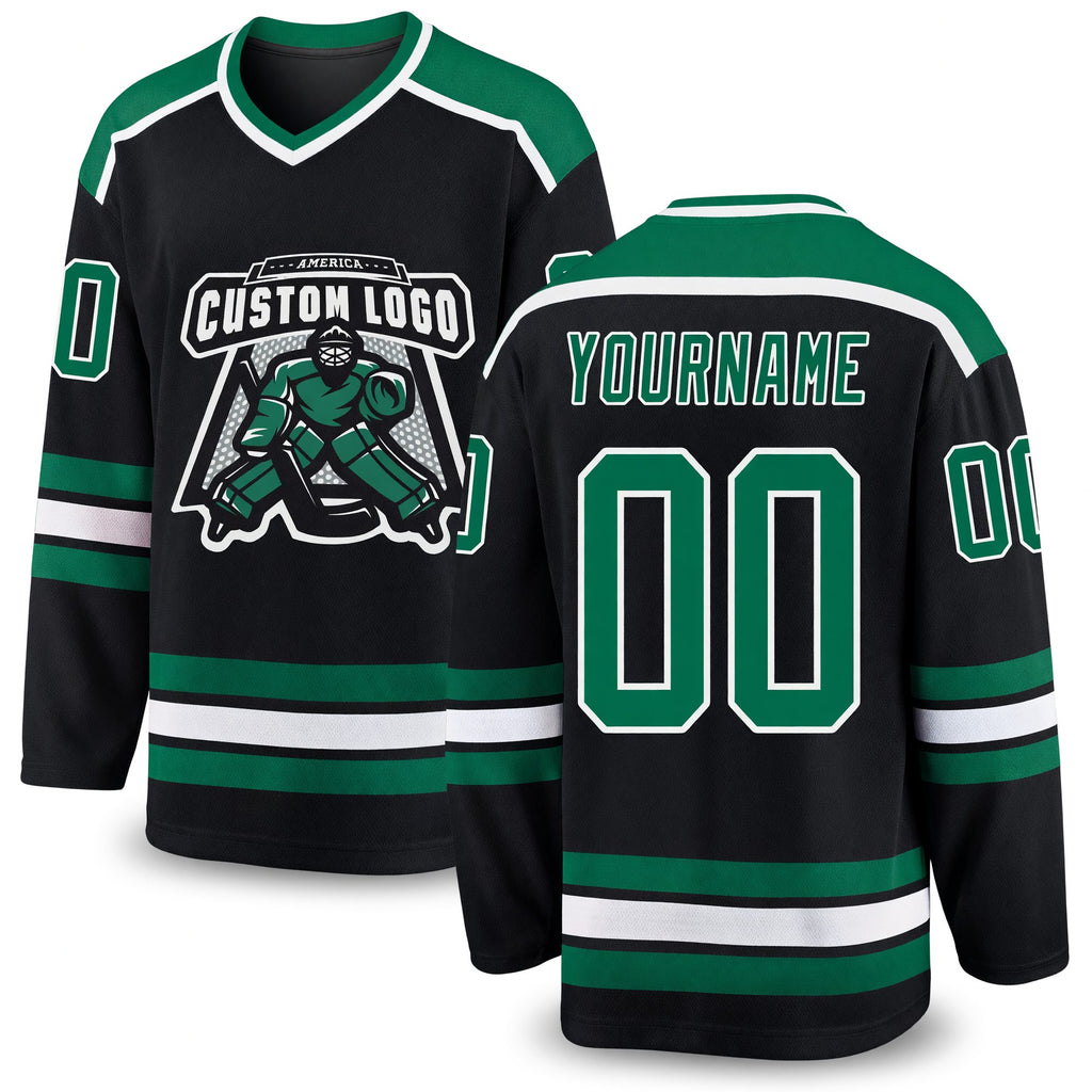 Custom Black Kelly Green-White Hockey Jersey