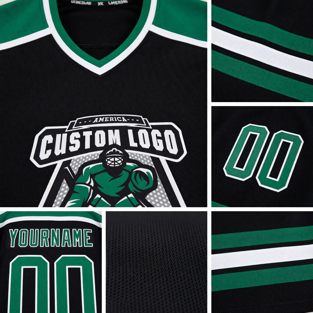 Custom Black Kelly Green-White Hockey Jersey detail