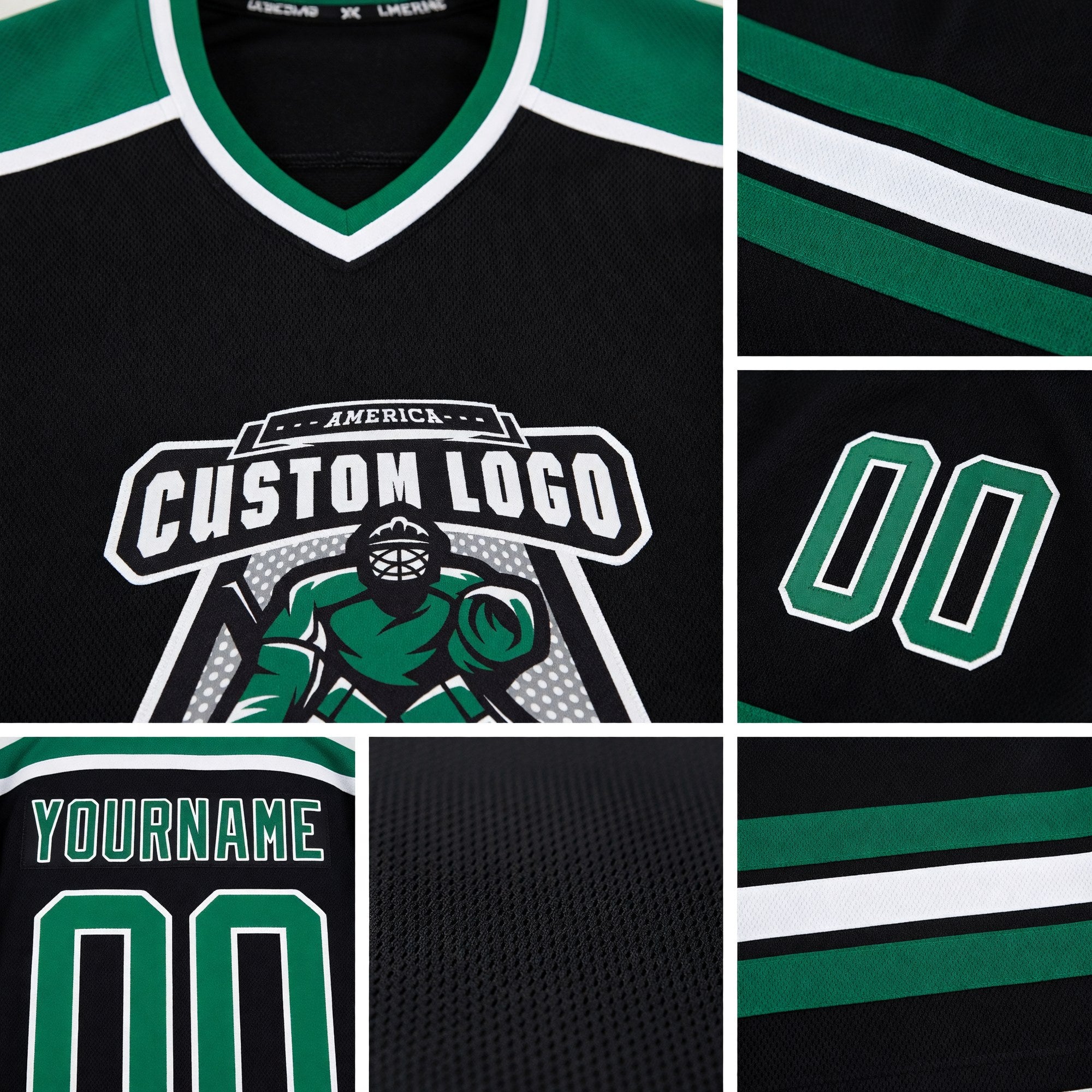 Custom Black Kelly Green-White Hockey Jersey detail