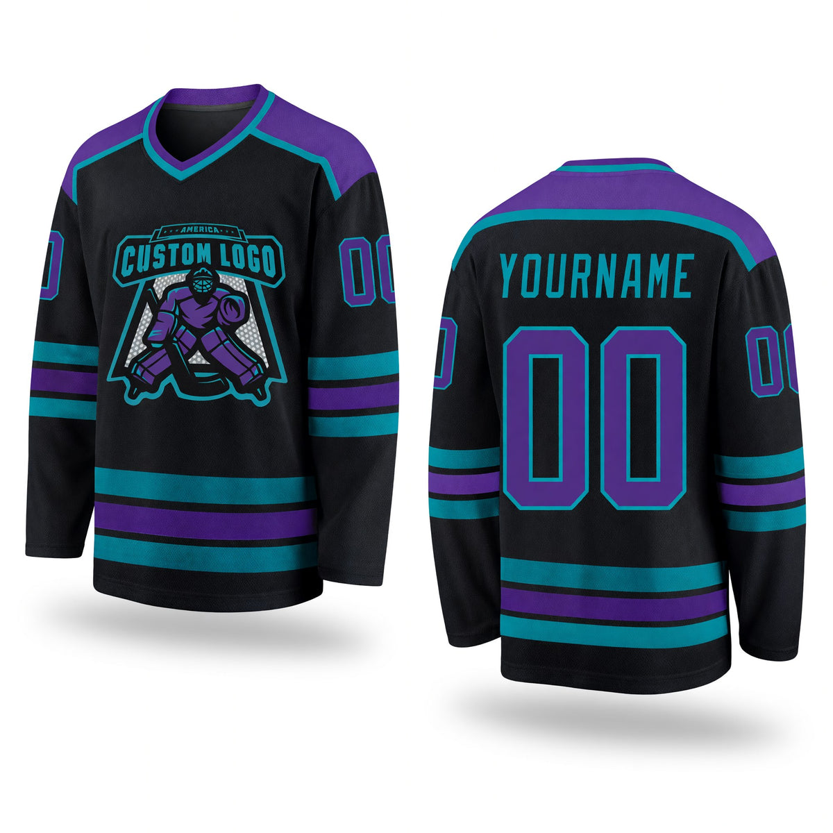 Custom Black Purple-Teal Hockey Jersey