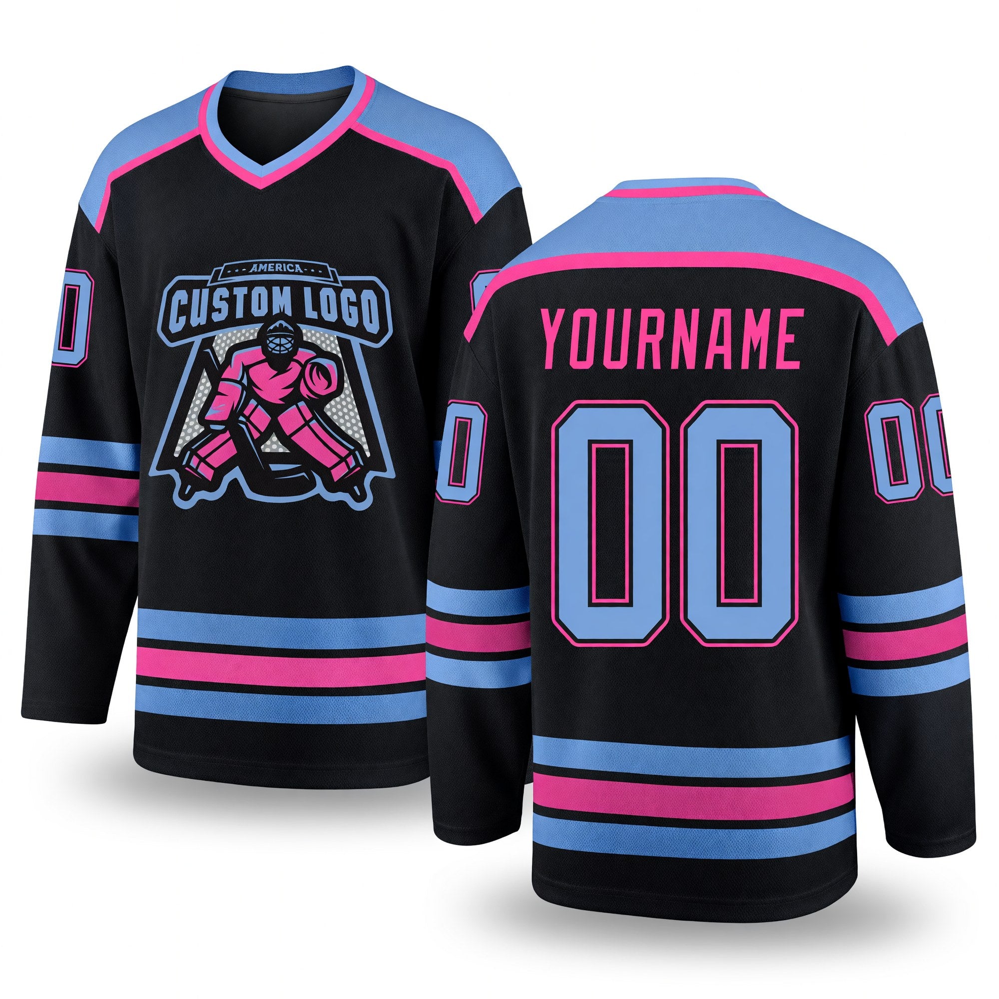 Custom Black Light Blue-Pink Hockey Jersey