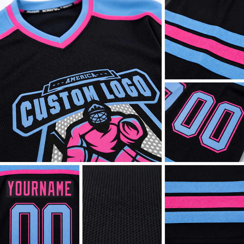 Custom Black Light Blue-Pink Hockey Jersey detail