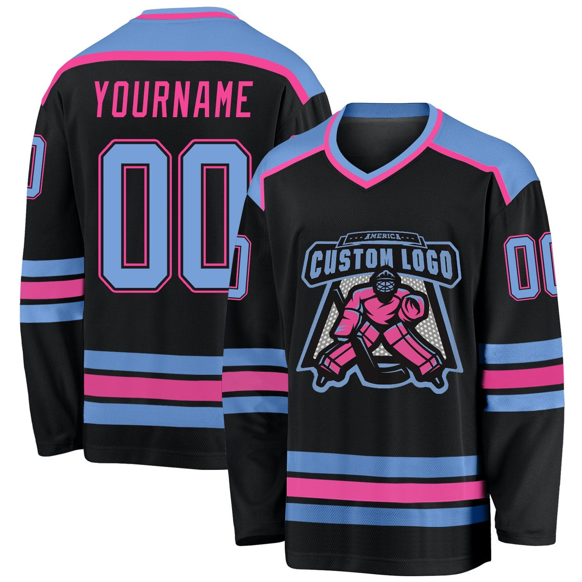 Custom Black Light Blue-Pink Hockey Jersey photo 1