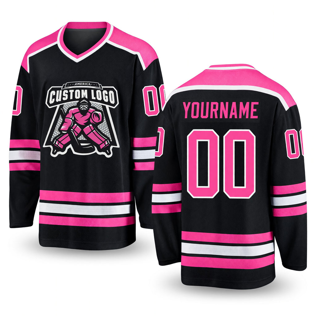 Custom Black Pink-White Hockey Jersey