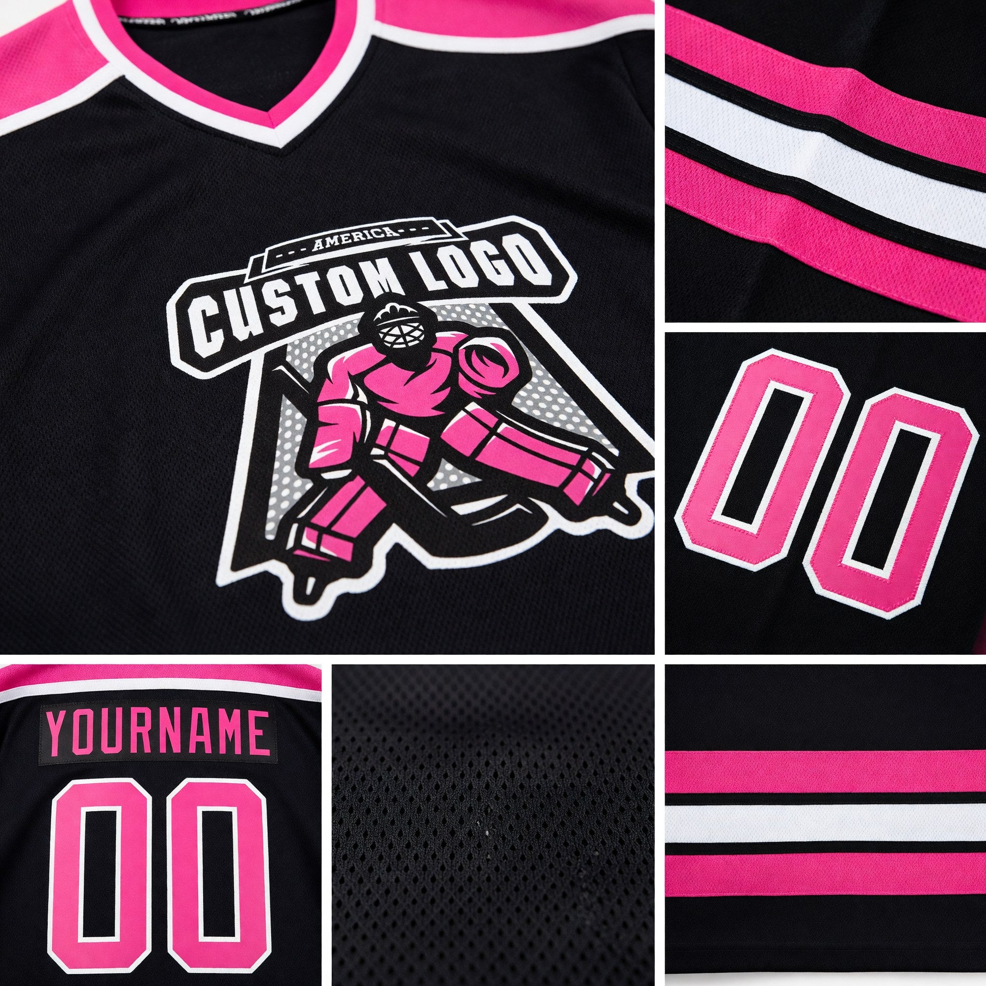 Custom Black Pink-White Hockey Jersey detail