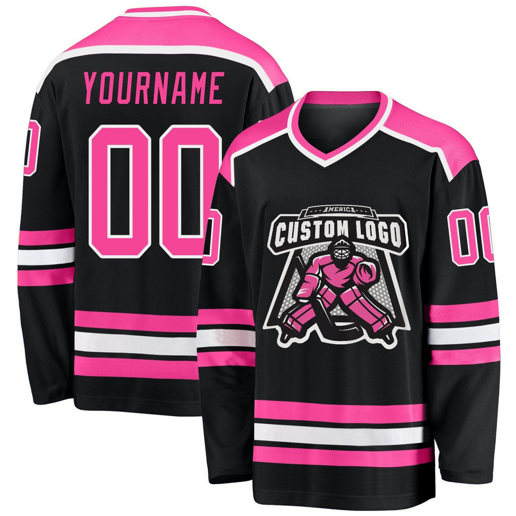 Custom Black Pink-White Hockey Jersey photo 1