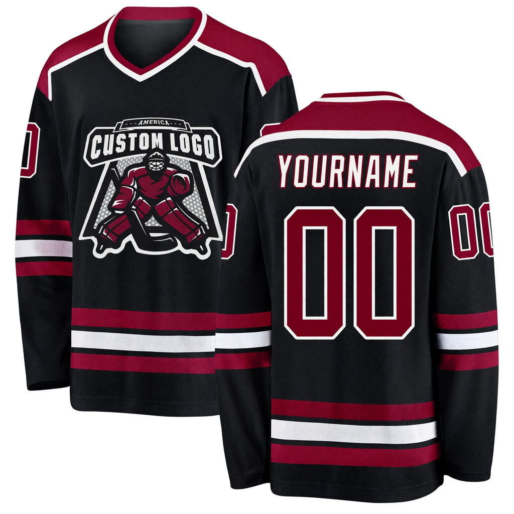Custom Black Maroon-White Hockey Jersey