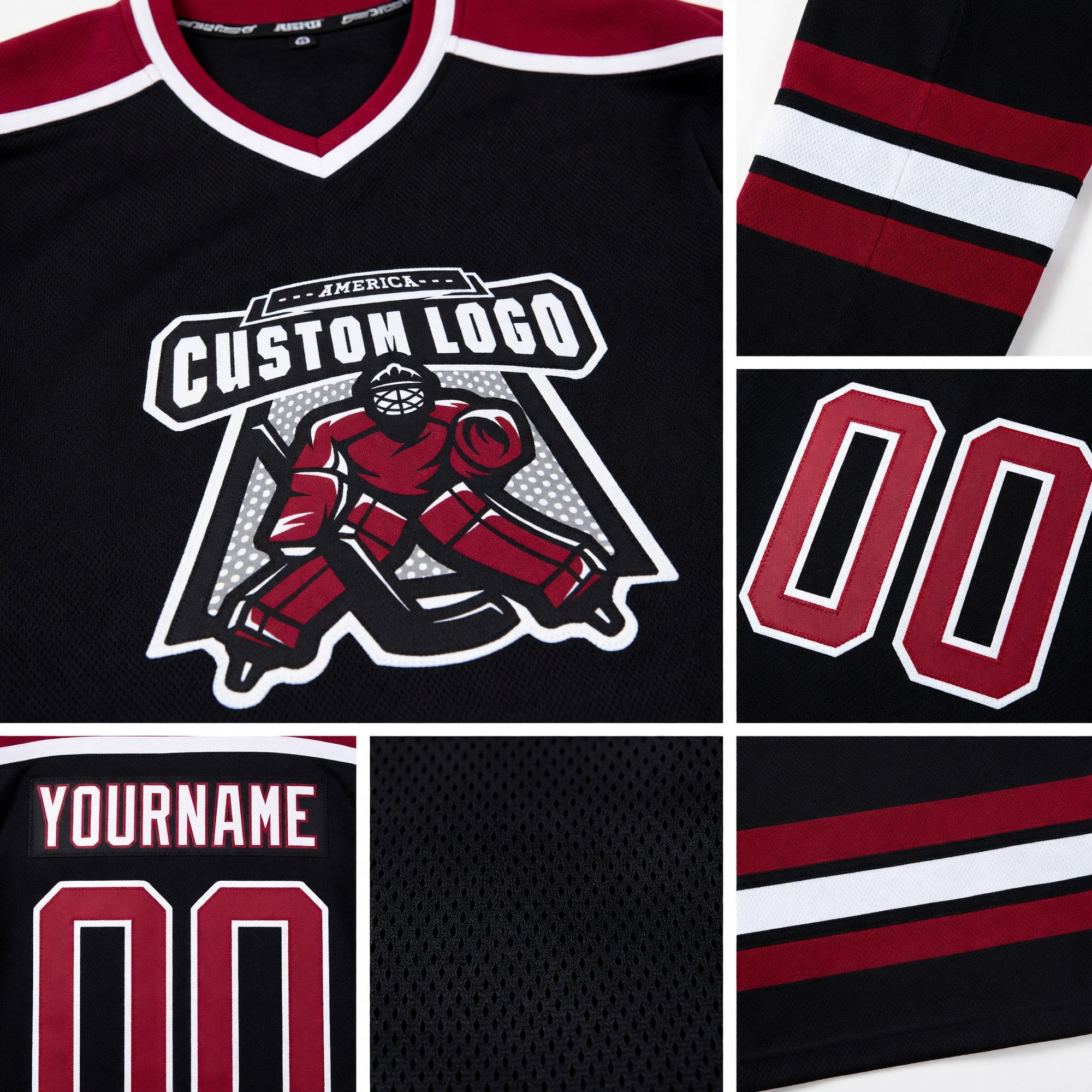 Custom Black Maroon-White Hockey Jersey detail