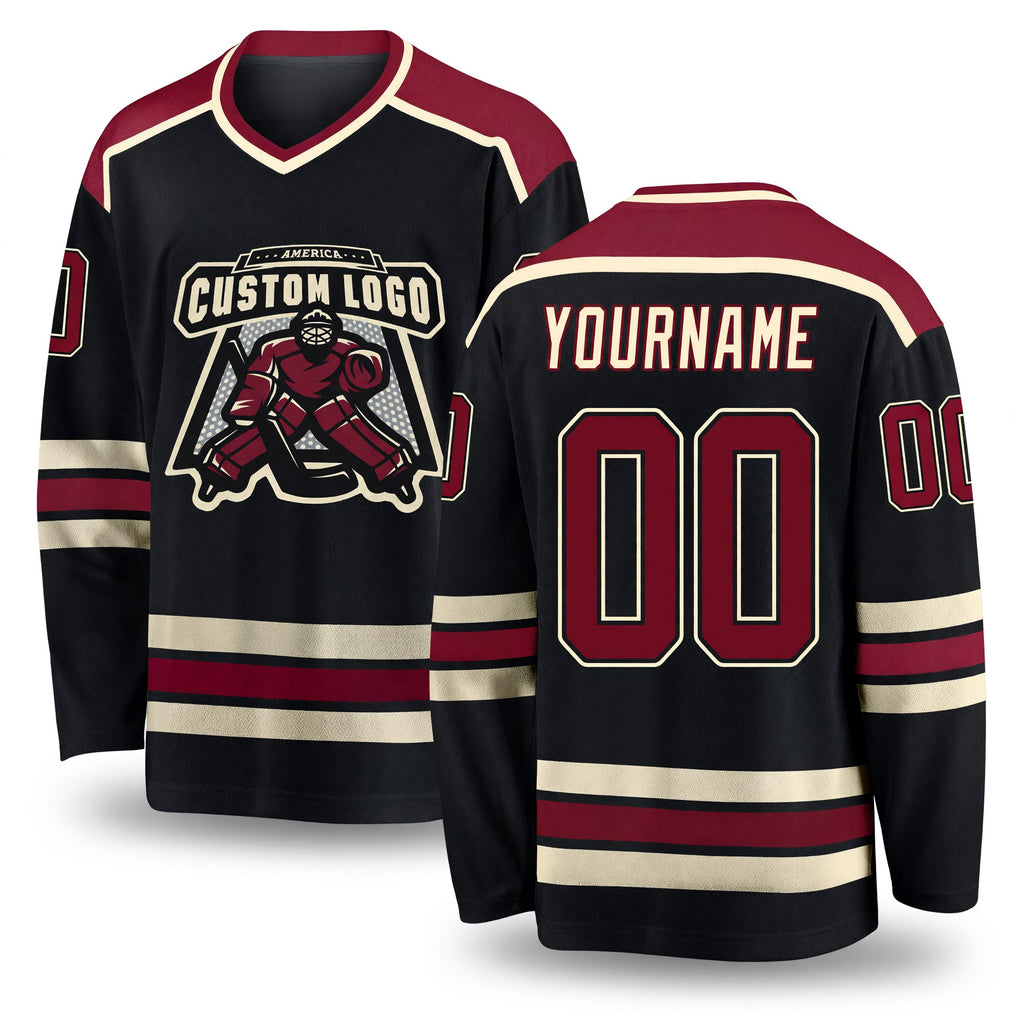 Custom Black Crimson-Cream Hockey Jersey