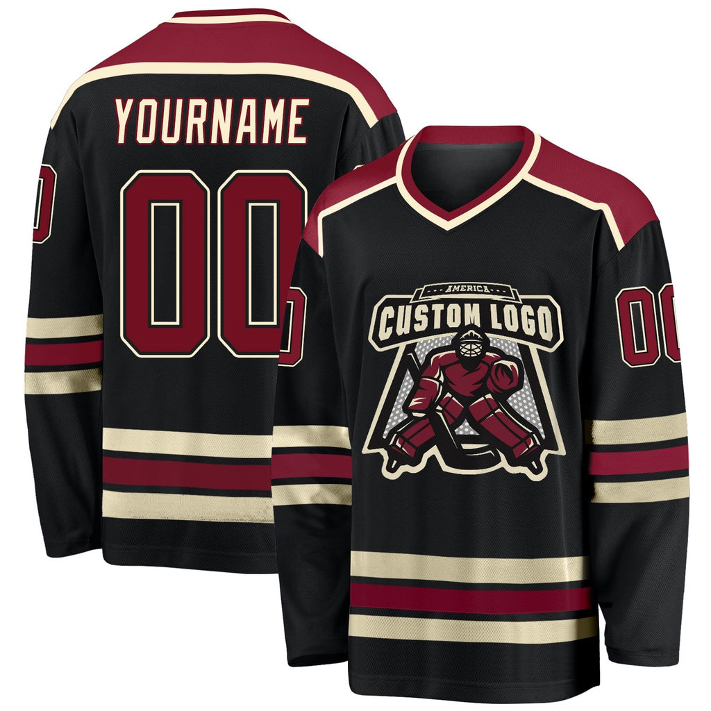 Custom Black Crimson-Cream Hockey Jersey photo 1