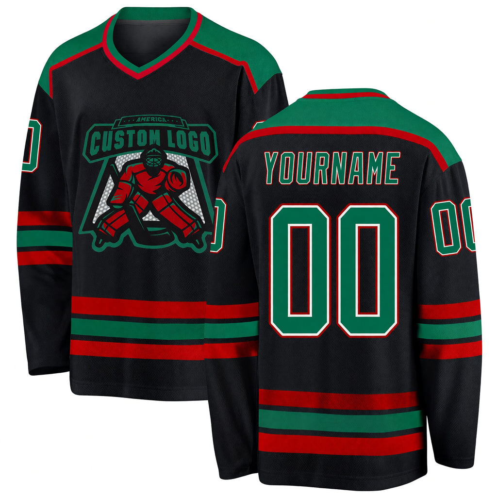 Custom Black Kelly Green White-Red Hockey Jersey