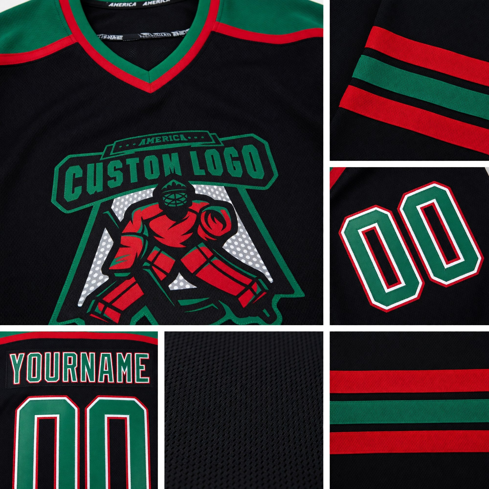 Custom Black Kelly Green White-Red Hockey Jersey detail
