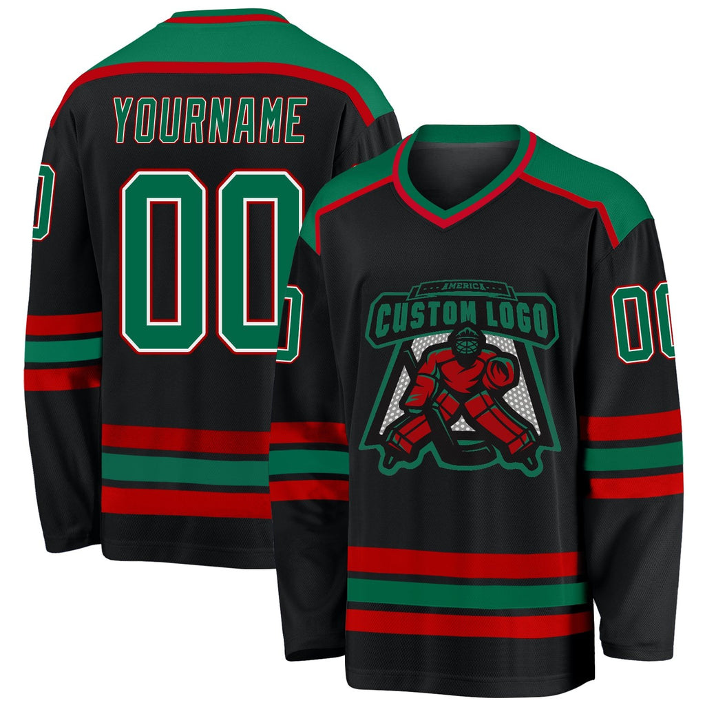 Custom Black Kelly Green White-Red Hockey Jersey photo 1