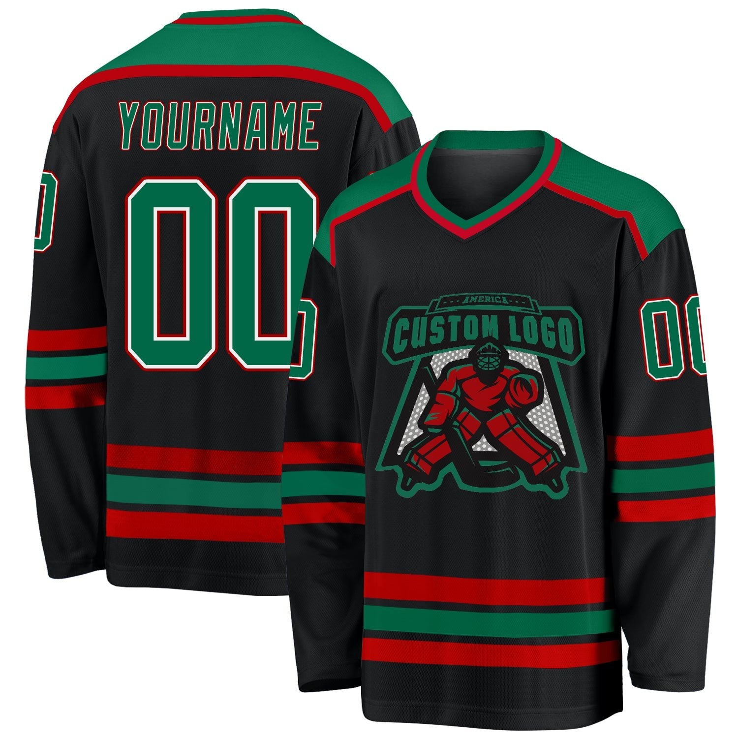 Custom Black Kelly Green White-Red Hockey Jersey photo 1