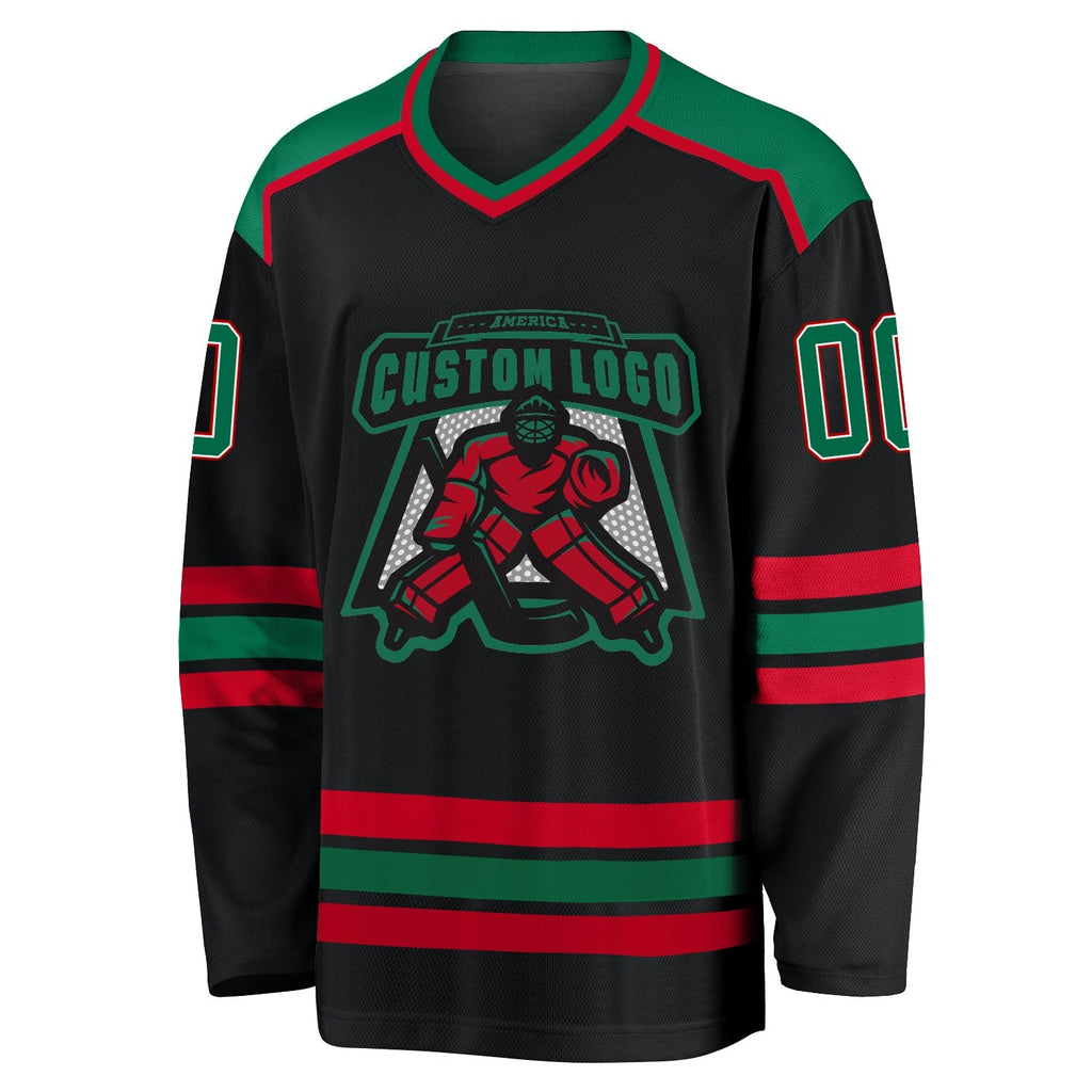 Custom Black Kelly Green White-Red Hockey Jersey photo 2
