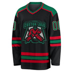 Custom Black Kelly Green White-Red Hockey Jersey photo 2
