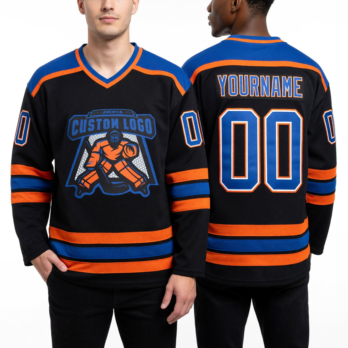 Custom Black Royal White-Orange Hockey Jersey worn front and back
