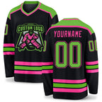 Custom Black Neon Green-Pink Hockey Jersey