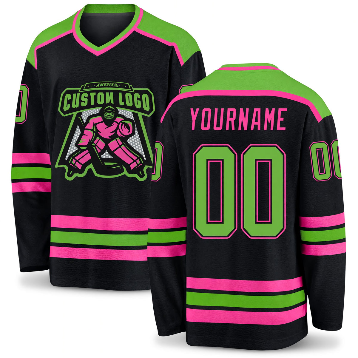 Custom Black Neon Green-Pink Hockey Jersey