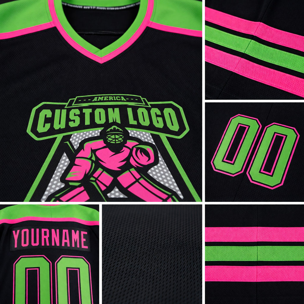 Custom Black Neon Green-Pink Hockey Jersey detail