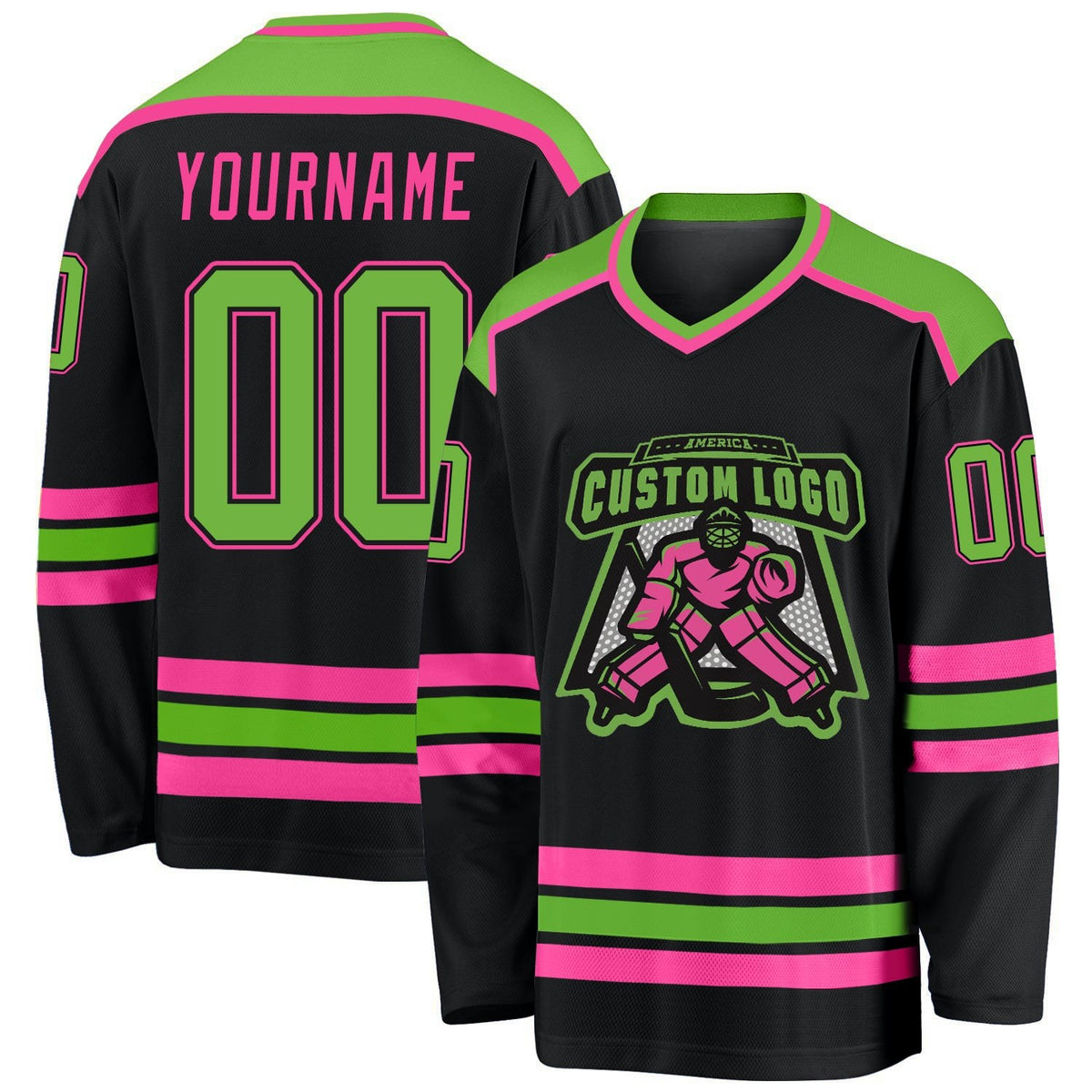 Custom Black Neon Green-Pink Hockey Jersey photo 1