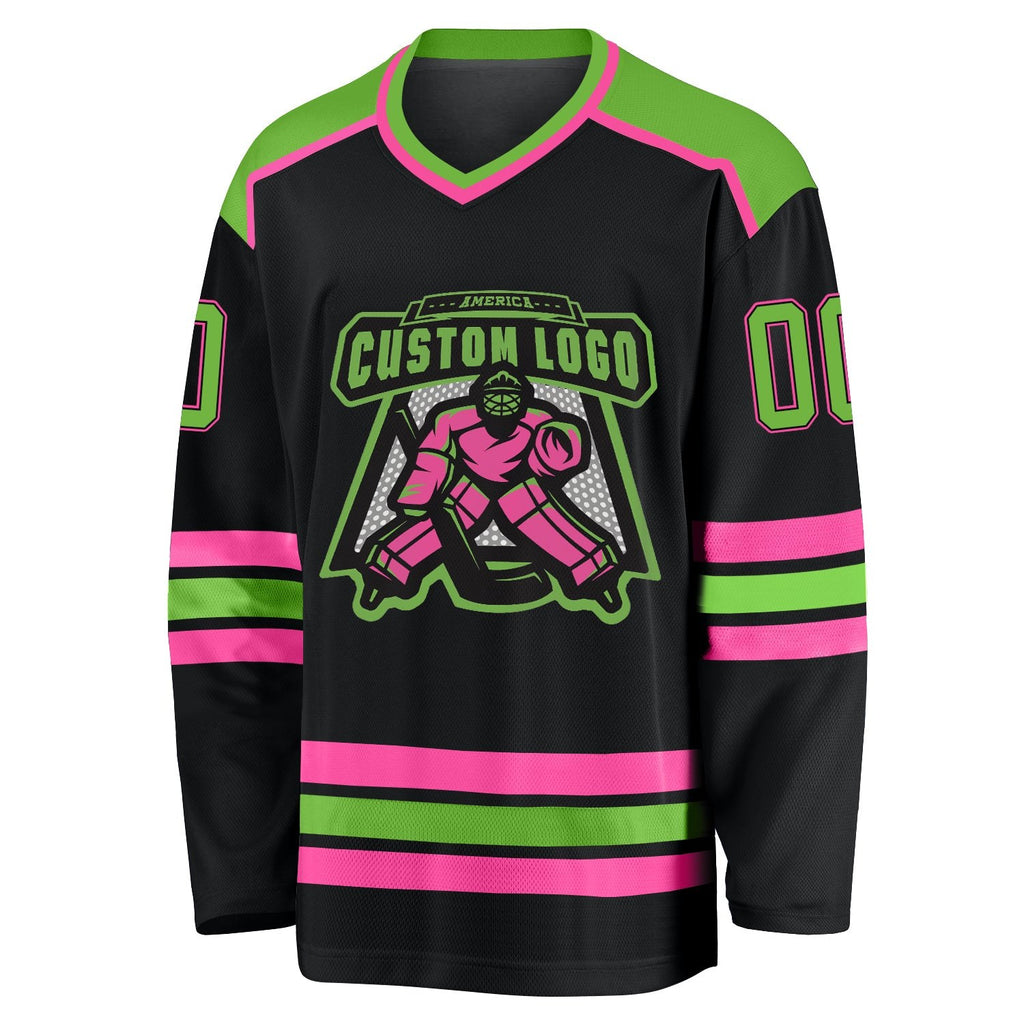 Custom Black Neon Green-Pink Hockey Jersey photo 2