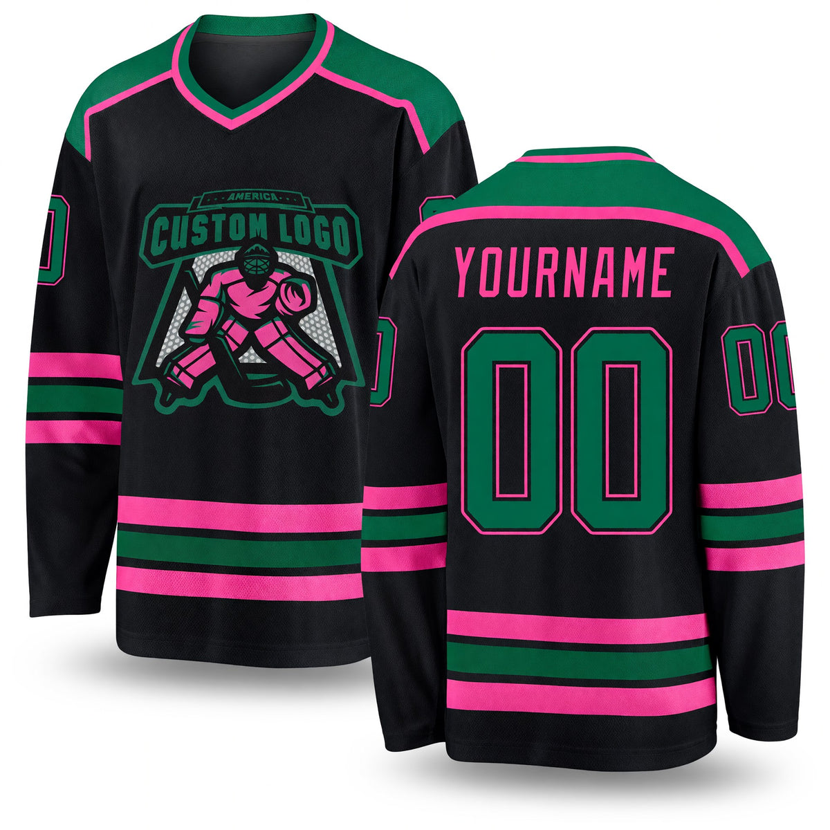 Custom Black Kelly Green-Pink Hockey Jersey