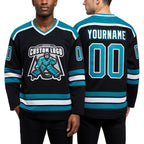 Custom Black Aqua-White Hockey Jersey worn front and back